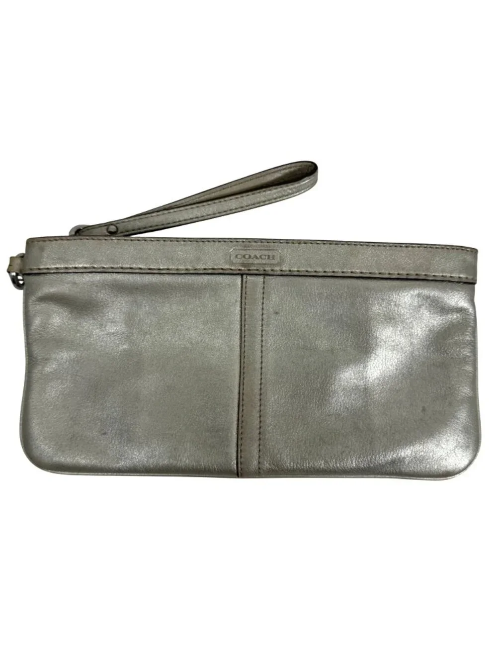 Coach Metallic Silver/Gold Leather Top Zip Clutch Wristlet Detachable Strap